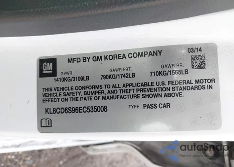 2014 Chevrolet Spark 1Lt Auto z USA, uszkodzony, nr VIN KL8CD6S96EC535008